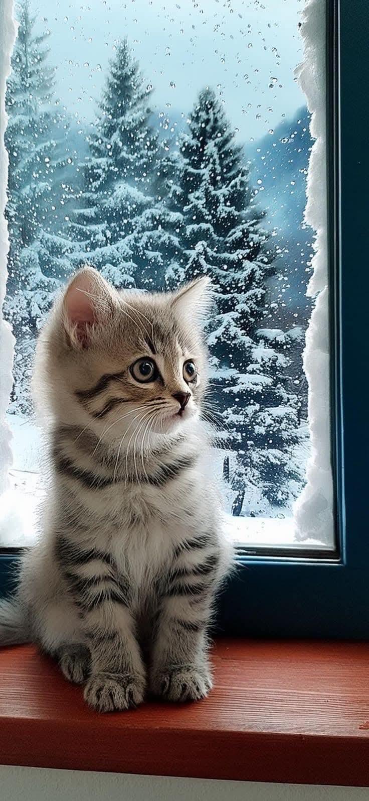 Kitten sitting on a windowsill with scene of snowy trees outside.