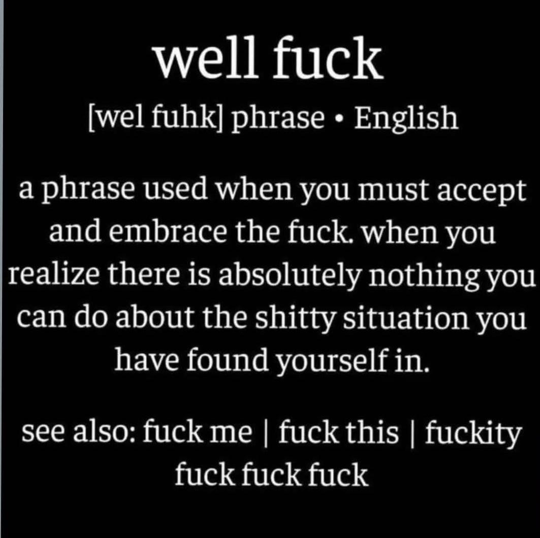 A meme with a definition for “Well, fuck.” 

well fuck
[wel fuhk] phrase • English
a phrase used when you must accept and embrace the fuck. when you realize there is absolutely nothing you can do about the shitty situation you have found yourself in.
see also: fuck me | fuck this | fuckity fuck fuck fuck