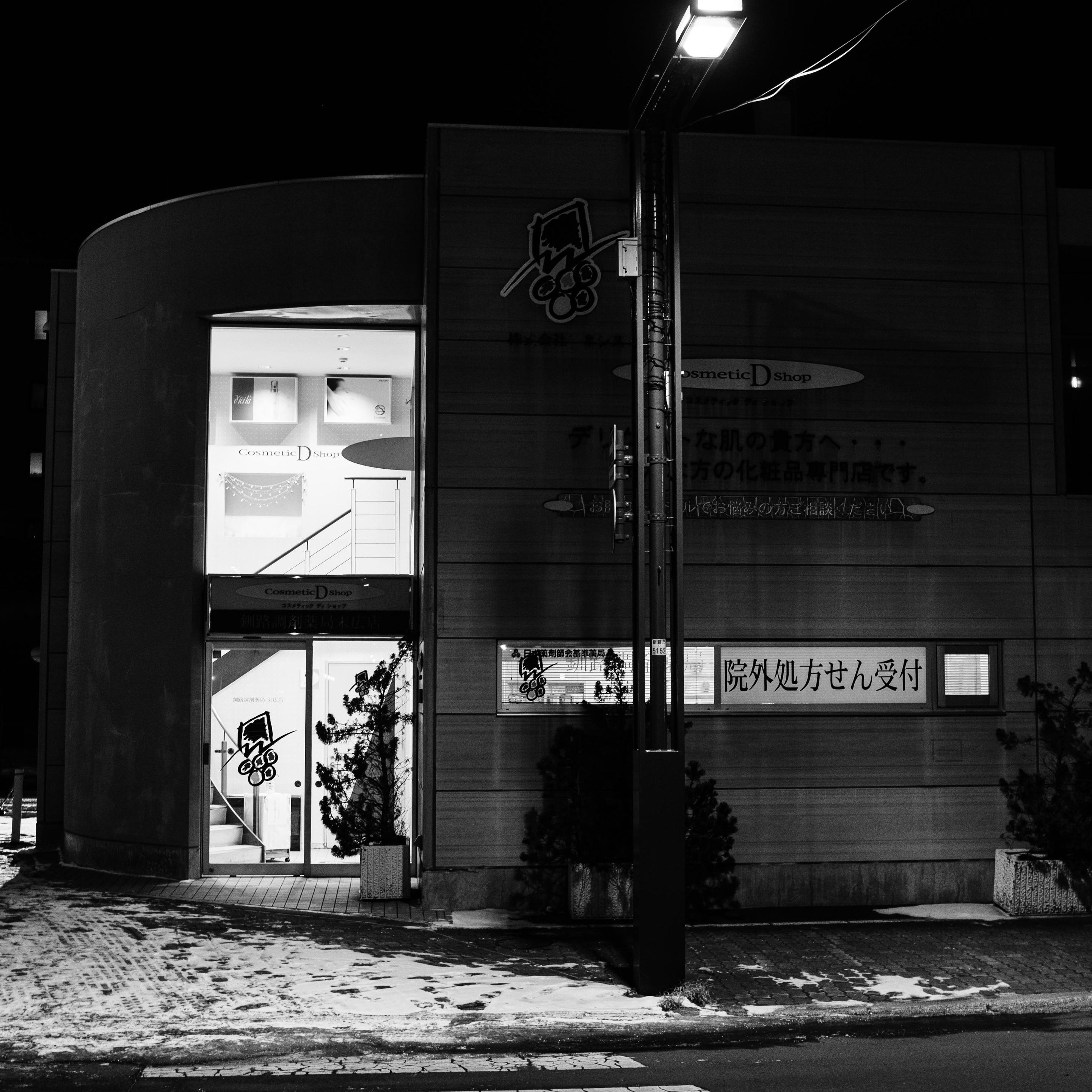 This black-and-white night photograph features a two-story building with a large vertical window revealing an interior staircase. A prominent street lamp stands in the foreground, illuminating the pavement. The ground is partially covered in snow. Dark bushes in planters are positioned near the glass entrance doors.