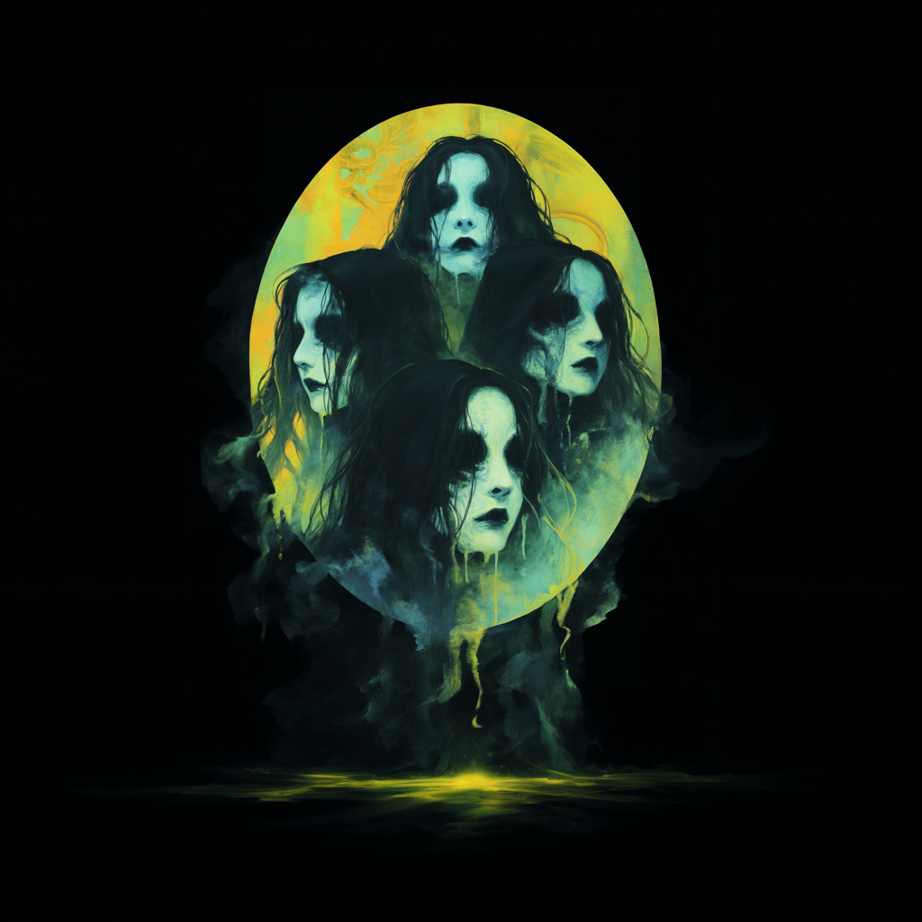 A cluster of four onryō girls, Japanese ghost folklore, within a vertical yellow and green oval background above a black floor, reflecting the yellow/green light. Eerie and artistic.