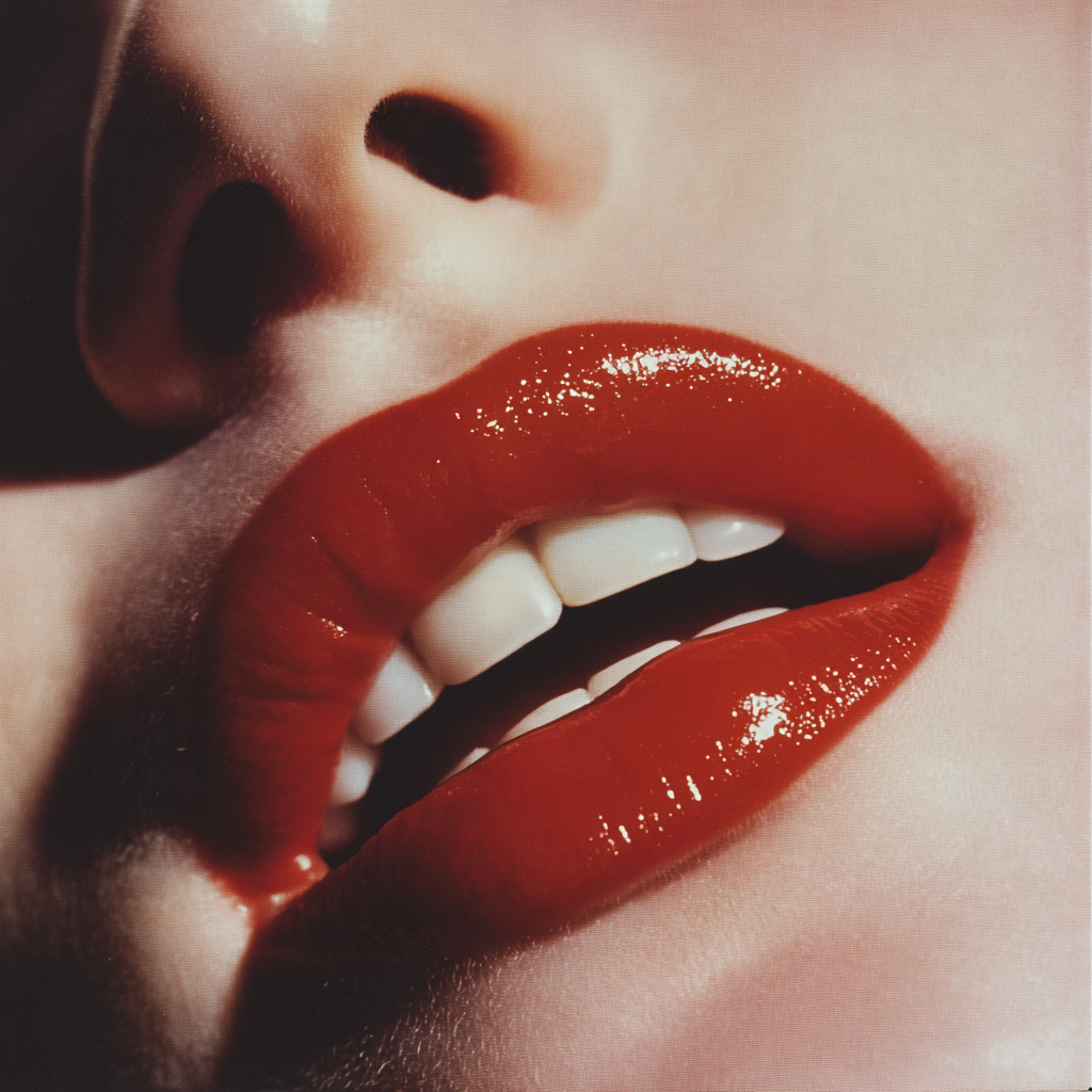 Close-up of lusciously red and full Monroe style red lips, analogue film look. Angled composition.