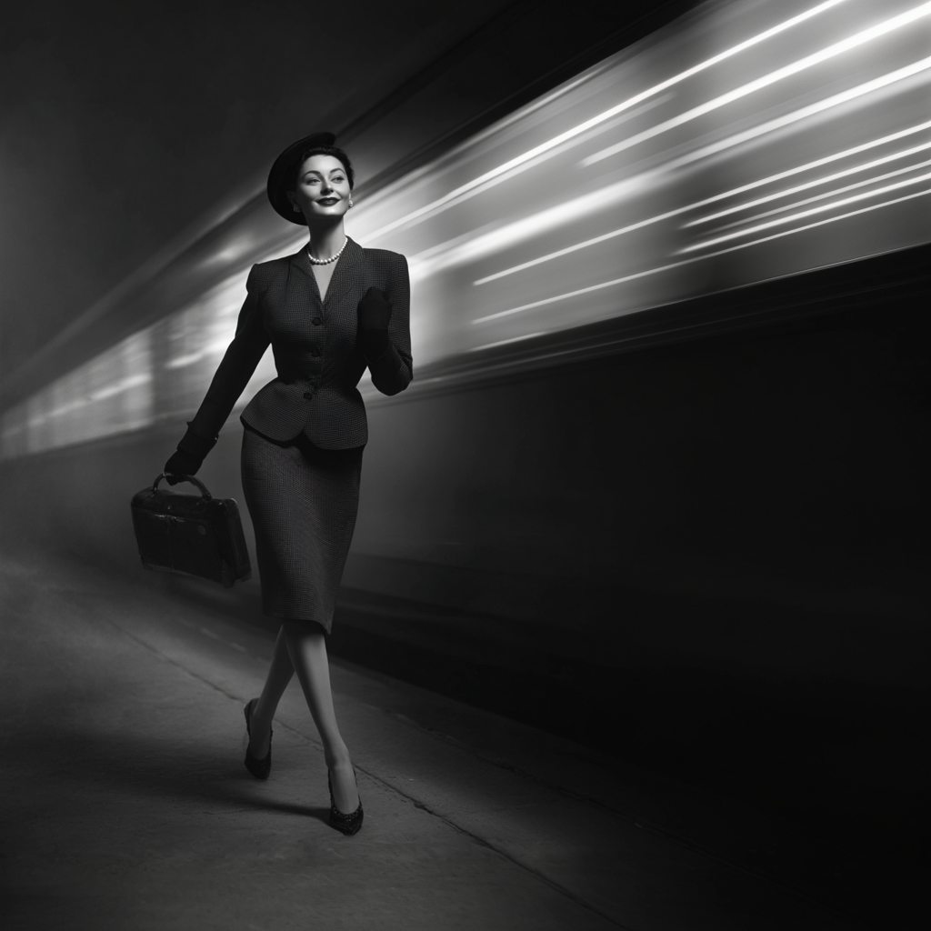 A dynamic, eye-catching B&W photo style image of a finely dressed woman in 1950s office attire carrying her briefcase, walking ultra confidently as a train's lights blur past. Powerful composition and gorgeous tonality.