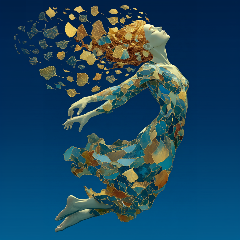 A mosaic-like illustrated image of a woman floating as simulated leaves float up and away from here. Mid blue background, autumn colours, elegant floating posture with her limbs limp and her head back as if in a trance.