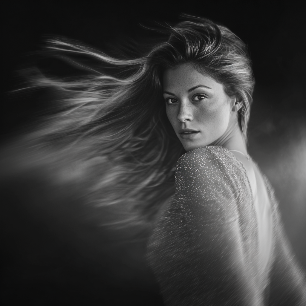 A soft and B&W high-fashion photo style image of a woman with long, floaty hair captured as if momentarily walking backwards with motion blur She has a pale light and elegant top on. She also has freckles and an intense and tack-sharp gaze. Analogue film look. Image designed to look as if 'taken on location'.