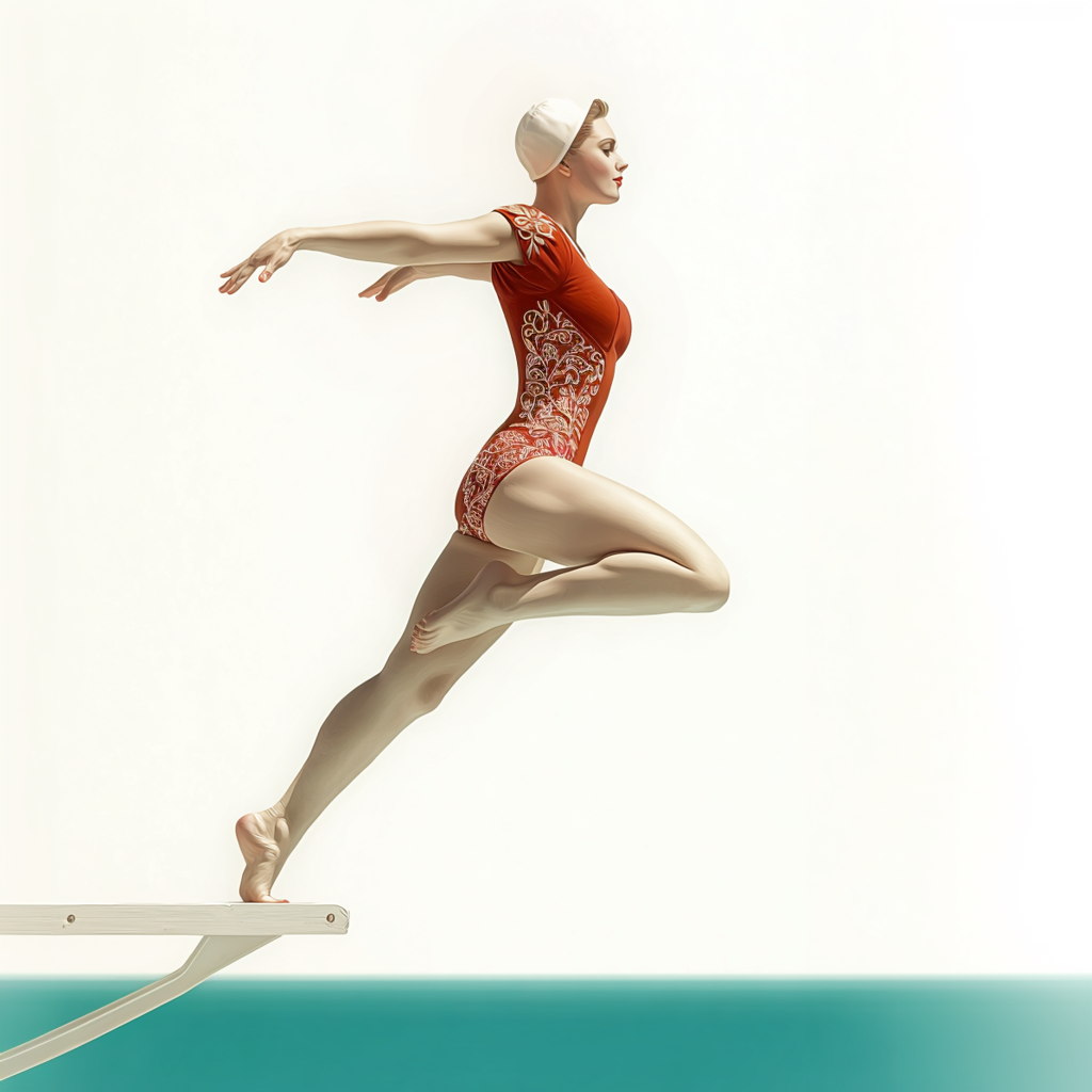 An airbrush look design of an athletic woman in a fine red bathing suit and swim cap, captured in mid-dive off a diving board into turquoise and inviting water. Her posture is dynamic and clearly shows she's in motion, mid-dive. One leg is lifted, bent at the knee, the other propels her off the board, her arms elegantly behind, giving her the necessary balance to make the dynamic dive.