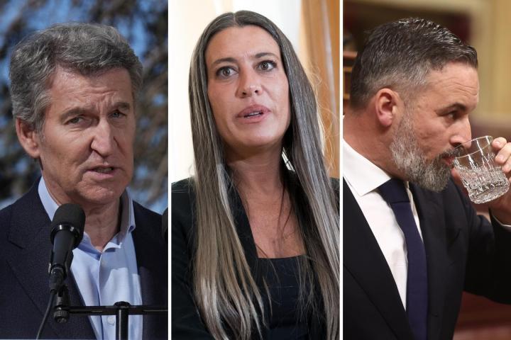 El líder del Partido Popular, Alberto Núñez Feijóo; la portavoz parlamentaria de Junts, Míriam Nogueras; y el presidente de Vox, Santiago Abascal; en sendas imágenes de archivo, respectivamente. (Getty Images)