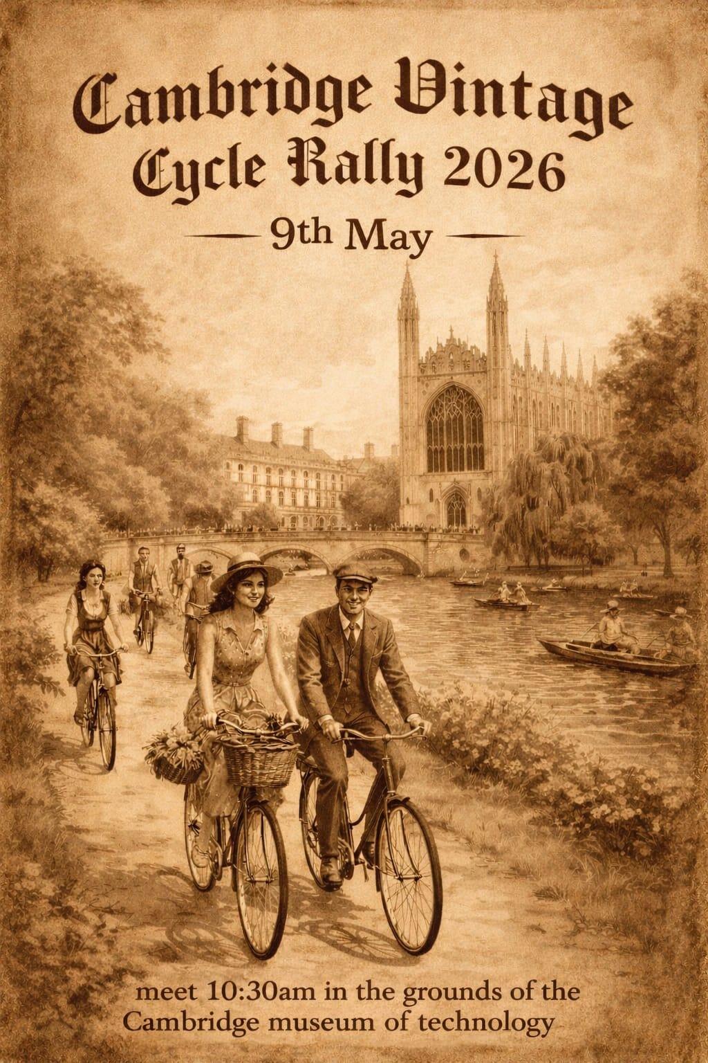Sepia tinged, vintage stylised poster for the Cambridge Vintage Cycle Rally, 2026 edition on 9th May starting at 1030 from the Museum af Technology. Poster features smiling people riding bikes, beside a river with punts on it and famous Cambrdge sights (Kings College Chapel) in the background.