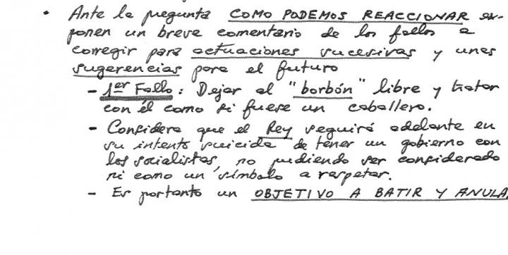 Extracto del documento donde implicados en el 23-F hablan de "batir y anular" al rey Juan Carlos I (DOCUMENTO DESCLASIFICADO POR EL GOBIERNO)