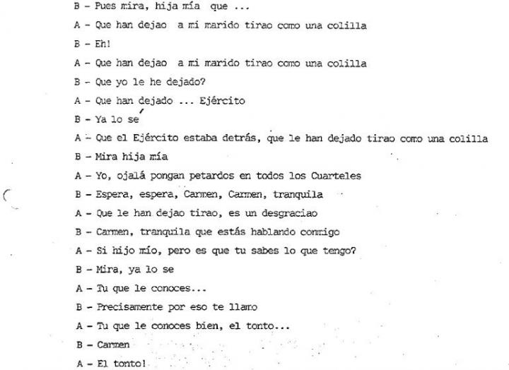 Transcripción de una de las muchas conversaciones de la mujer de Tejero el 23-F. (EL HUFFPOST)