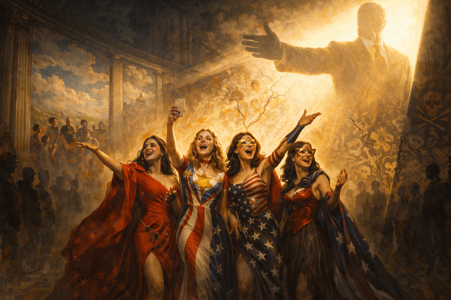 A dramatic, allegorical composition depicts four women in flowing garments patterned with stars and stripes, their costumes evoking stylised patriotic iconography. They stand in the foreground amid golden, radiant light, arms lifted in gestures of exultation and spectacle, one holding a mobile phone as if recording the moment. Behind them looms a monumental, glowing figure of a suited man rendered as a colossal mural or projection, his outstretched arm dominating the scene. Architectural columns and shadowed crowds recede into a smoky, fractured background marked by skull motifs and fissured surfaces, suggesting tension beneath the celebratory façade. The palette of burnished gold, crimson, and deep shadow creates a theatrical atmosphere of fervour, propaganda, and mass spectacle.