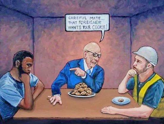 The original, non-"AI"-enhanced version of media mogul Rupert Murdoch saying "Careful mate, that foreigner wants your cookie!". He's talking to a white construction worker, who is sat at the table to our right. To our left, is a Black man. The construction worker has a plate with one cookie on it. Murdoch has a plate with a whole pile of cookies on it.

The Black man doesn't even have a plate.