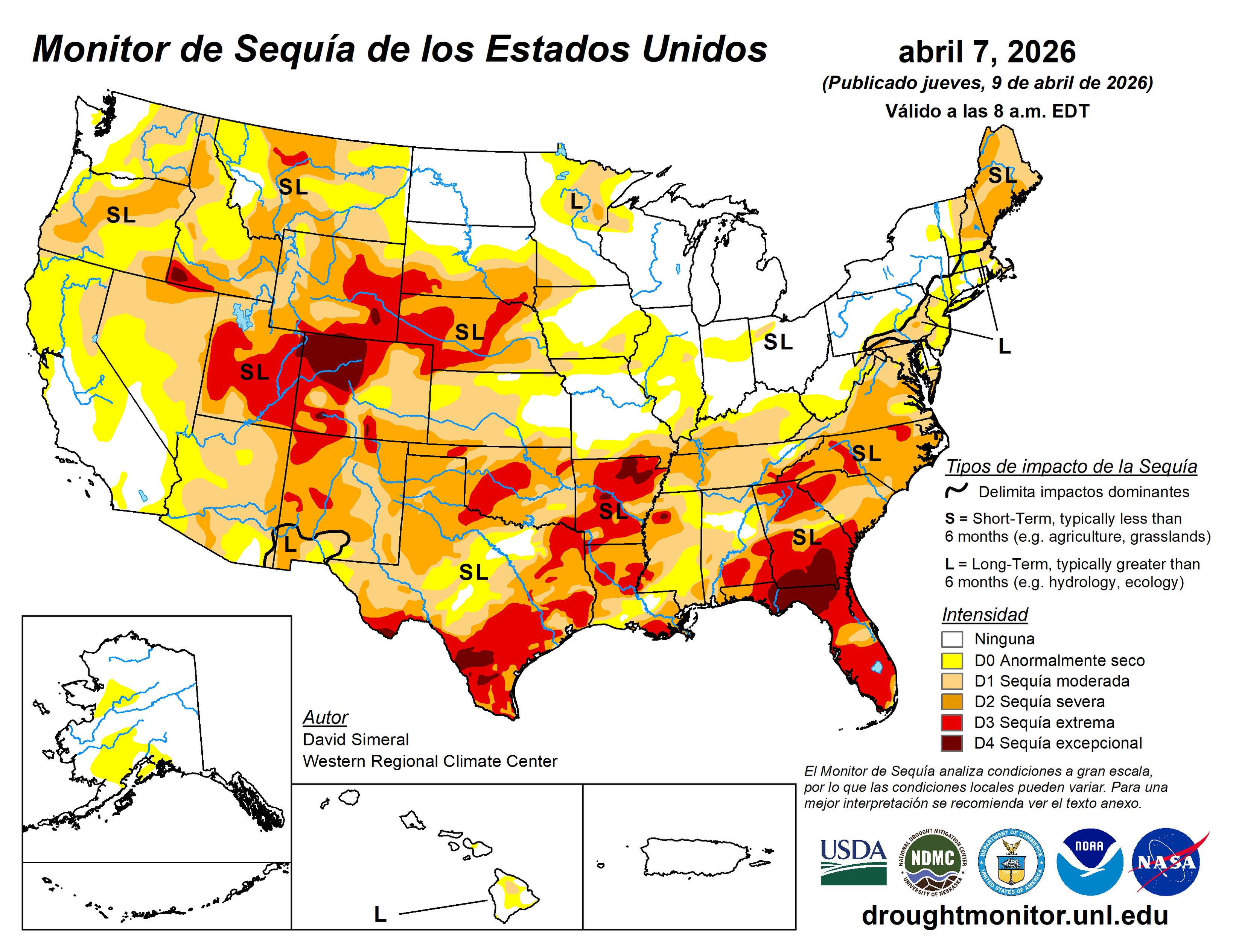Monitor de sequía de EE. UU. que muestra las condiciones para el 9 de abril de 2026. Para obtener más información, visite droughtmonitor.unl.edu.