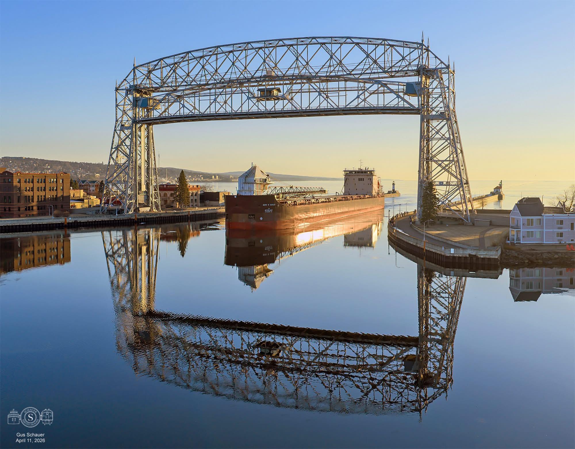 Photo of the Great Lakes freighter Mark W. Barker entering Duluth’s harbor on a sunny Saturday morning
