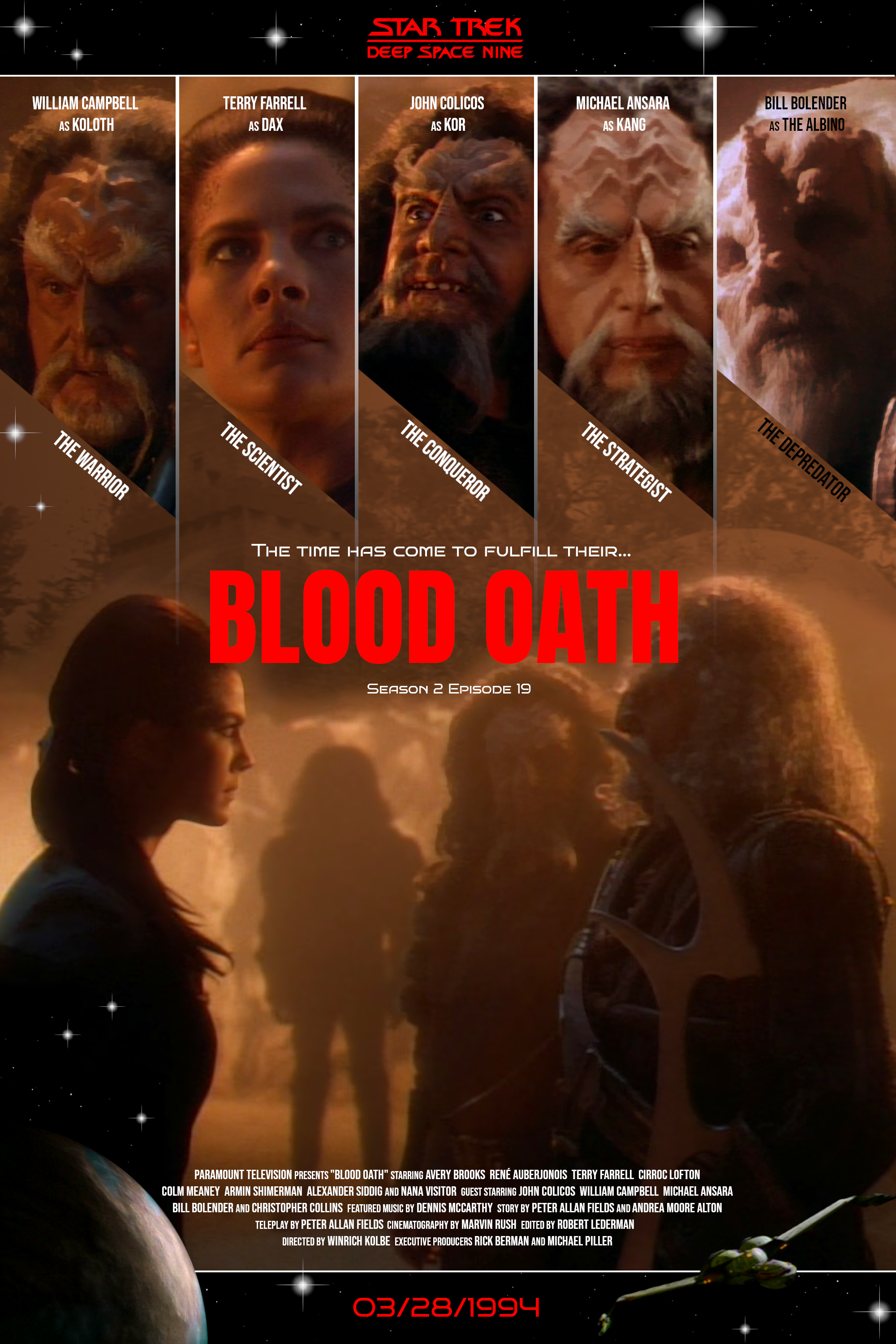 A poster for Star Trek Deep Space Nine episode, Blood Oath, featuring the faces of the five main characters, Koloth, Dax, Kor, Kang, and The Albino, above the episode title and an image of their meeting in a dimly lit cavern. The poster is mostly in tones of orange and red.