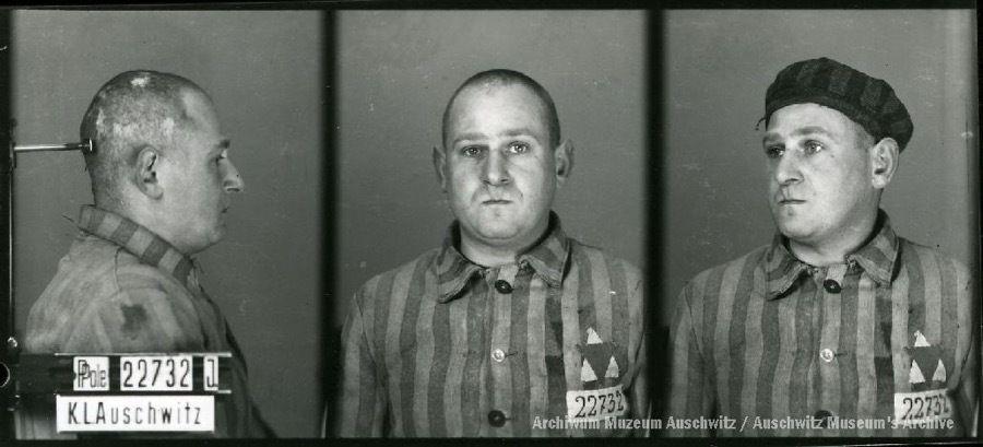 A mugshot registration photograph from Auschwitz. A man with a shaved head wearing a striped uniform photographed in three positions (profile and front with bare head and a photo with a slightly turned head with a hat on). The prisoner number is visible on a marking board on the left.