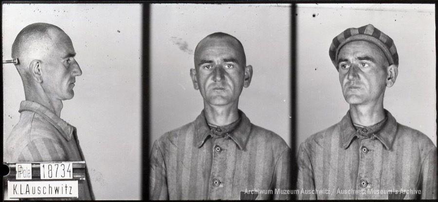 A mugshot registration photograph from Auschwitz. A man with a shaved head wearing a striped uniform photographed in three positions (profile and front with bare head and a photo with a slightly turned head with a hat on). The prisoner number is visible on a marking board on the left.