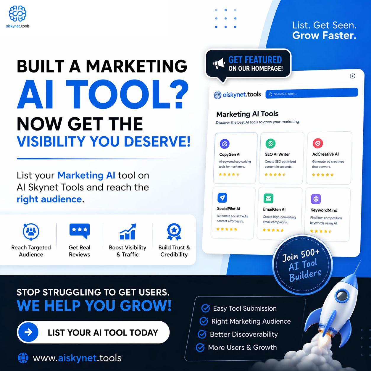 Promotional banner for AI Skynet Tools showing a call to list marketing AI tools, with benefits like visibility, traffic, reviews, and growth, plus a dashboard preview and “List Your AI Tool Today” CTA.