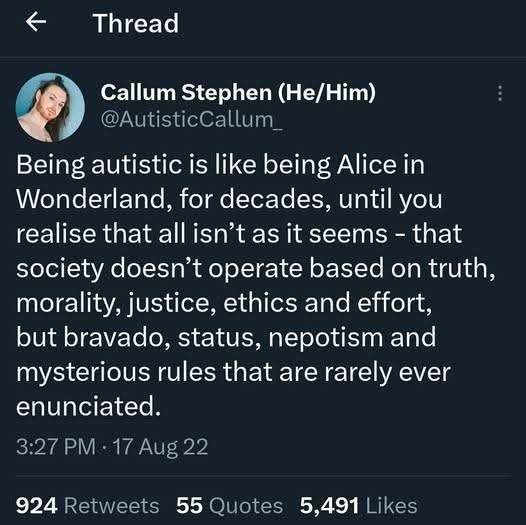 Callum Stephen (He/Him) 
@AutisticCallum_

Being autistic is like being Alice in
Wonderland, for decades, until you
realise that all isn’t as it seems - that
society doesn’t operate based on truth,
morality, justice, ethics and effort,
but bravado, status, nepotism and
mysterious rules that are rarely ever
enunciated.

3:27 PM - 17 Aug 22
924 Retweets 55 Quotes 5,491 Likes