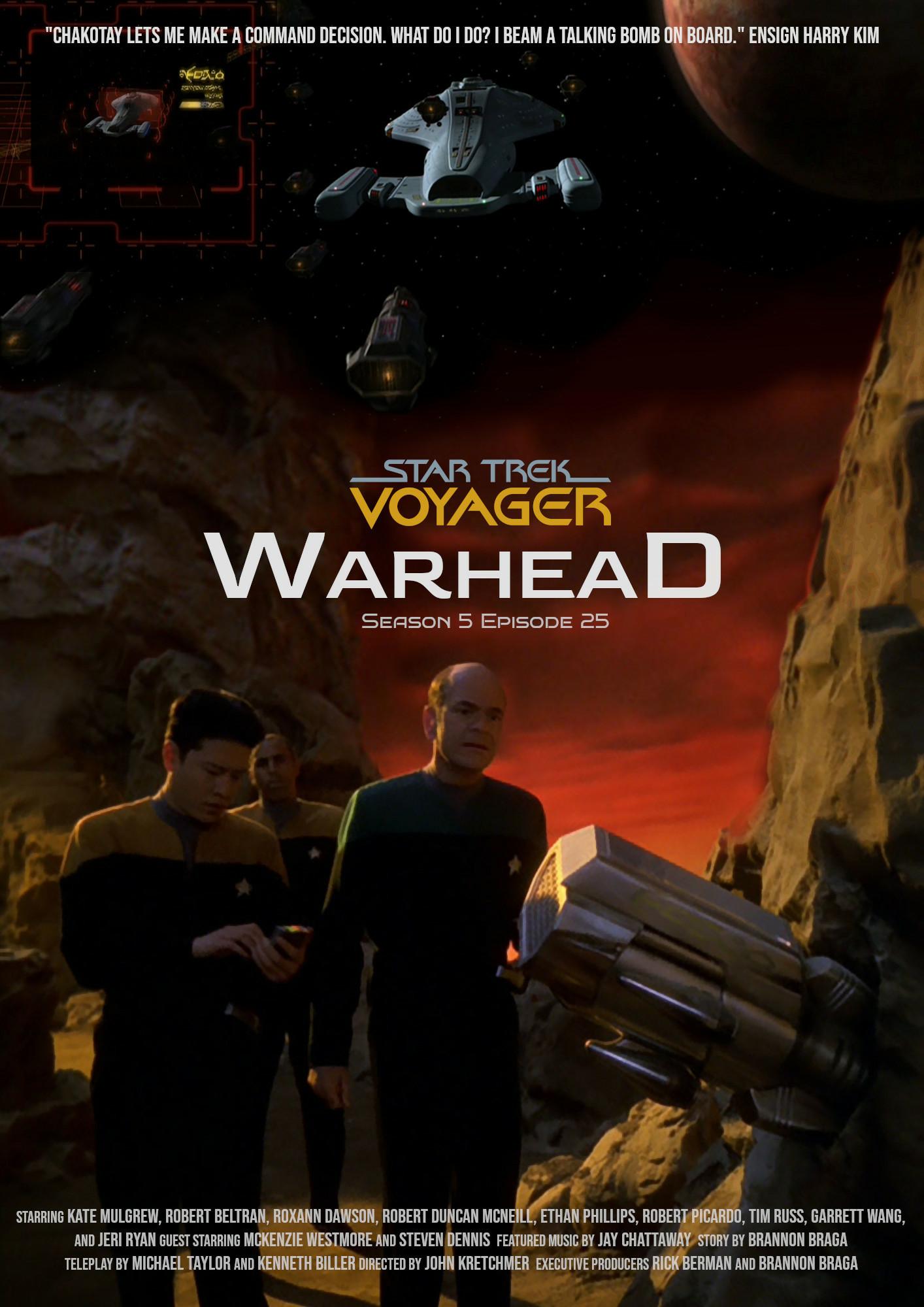 A fan poster for the Star Trek Voyager episode, Warhead, featuring an image of Harry Kim and the EMH locating a metallic object on a planet lodged in rock. Above it is an image of Voyager flying through space with several missile objects flying around it.