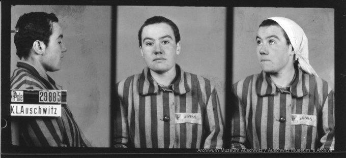 A mugshot registration photograph from Auschwitz. A woman wearing a striped uniform photographed in three positions (profile and front with a bare head and a photo with a slightly turned head with a headscarf on). The prisoner number is visible on a marking board on the left.