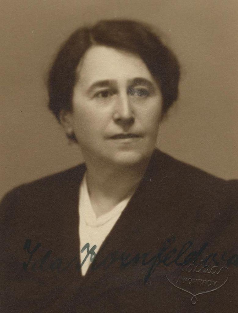 A portrait ID-syle photo of a mature woman in dark jacket and white blouse. She has long, dark hair pinned in the back.