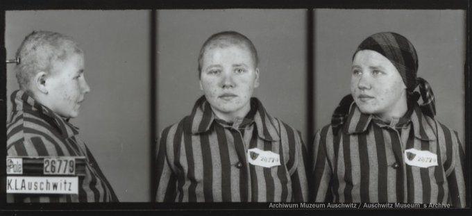 A mugshot registration photograph from Auschwitz. A woman wearing a striped uniform photographed in three positions (profile and front with a bare head and a photo with a slightly turned head with a headscarf on). The prisoner number is visible on a marking board on the left.