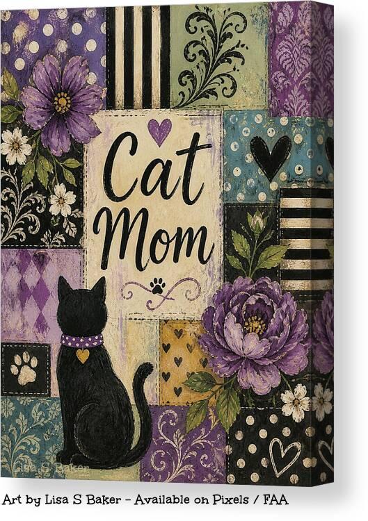 Patchwork-style artwork featuring the words “Cat Mom” surrounded by floral patterns, hearts, and decorative textures in purple, teal, cream, and black. A black cat with a collar sits facing away at the bottom of the composition.
