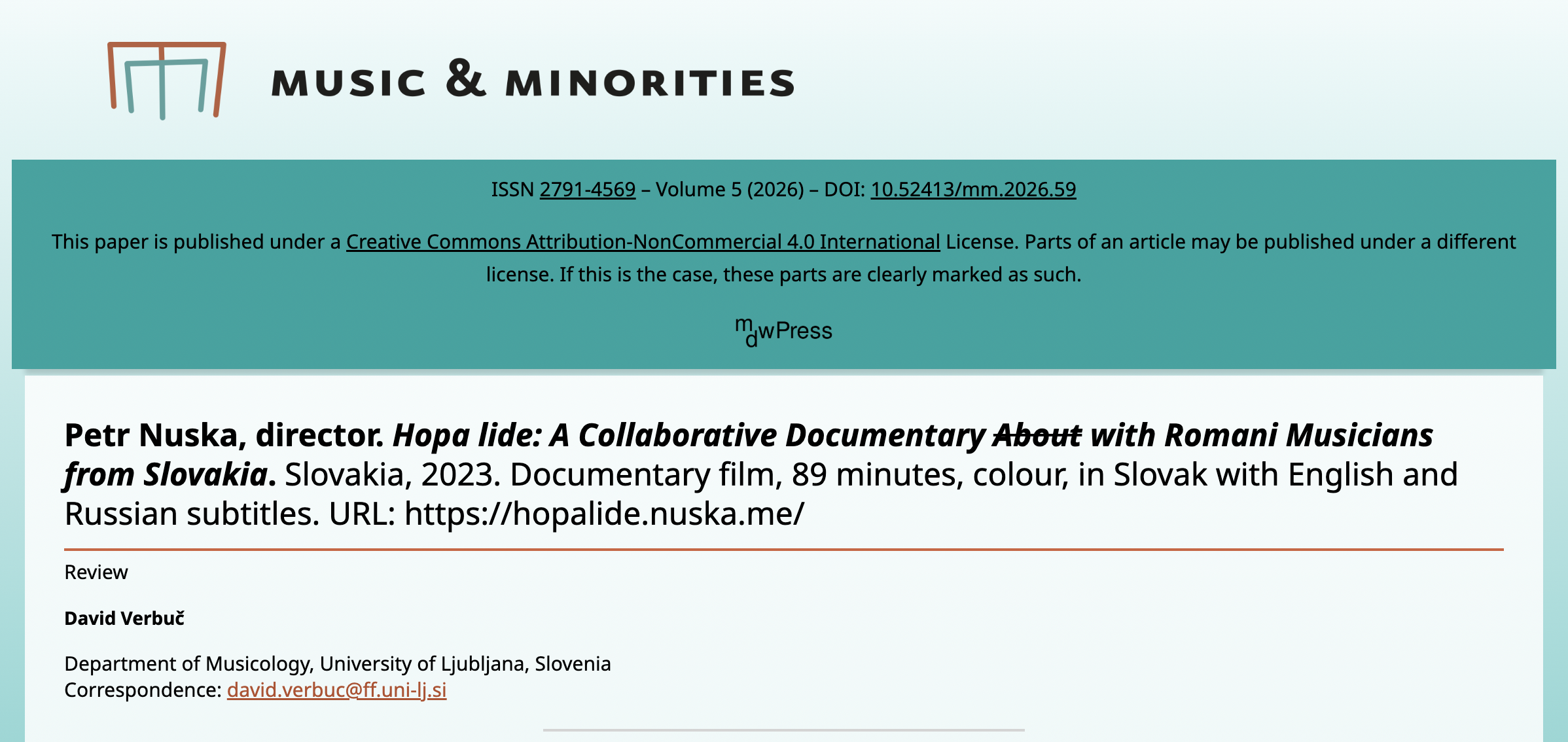 Screenshot of an open-access journal page from Music & Minorities (Volume 5, 2026) featuring a review by David Verbuč of the film Hopa lide: A Collaborative Documentary with Romani Musicians from Slovakia. The page shows publication details, licensing information, and the author’s affiliation (University of Ljubljana).