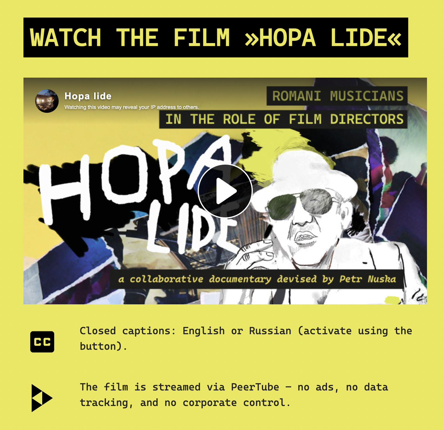 Graphic promoting the film Hopa lide with a video preview and bold text “Watch the film.” The image features a stylised collage with a drawn musician and the subtitle “Romani musicians in the role of film directors,” highlighting its collaborative approach