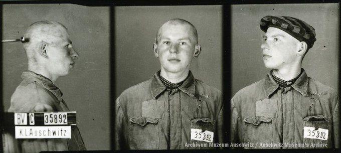 A mugshot registration photograph from Auschwitz. A man with a shaved head wearing a striped uniform photographed in three positions (profile and front with bare head and a photo with a slightly turned head with a hat on). The prisoner number is visible on a marking board on the left.