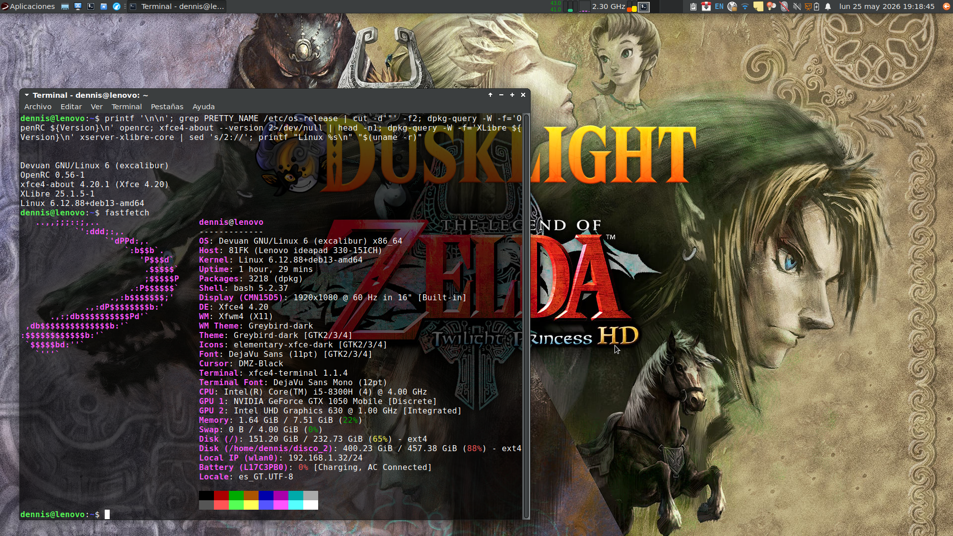 My linux desktop using xfce4 and a wallpaper of zelda.