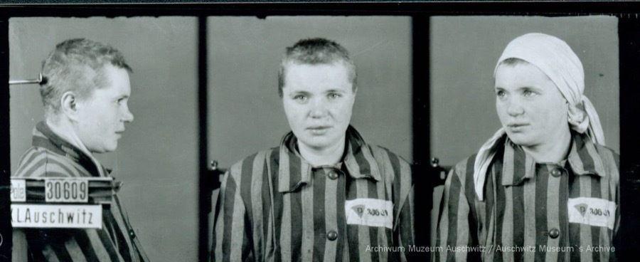 A mugshot registration photograph from Auschwitz. A woman wearing a striped uniform photographed in three positions (profile and front with a bare head and a photo with a slightly turned head with a headscarf on). The prisoner number is visible on a marking board on the left.