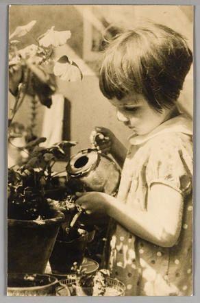 A child carefully waters potted plants on a sunny balcony, focusing intently on the task.
