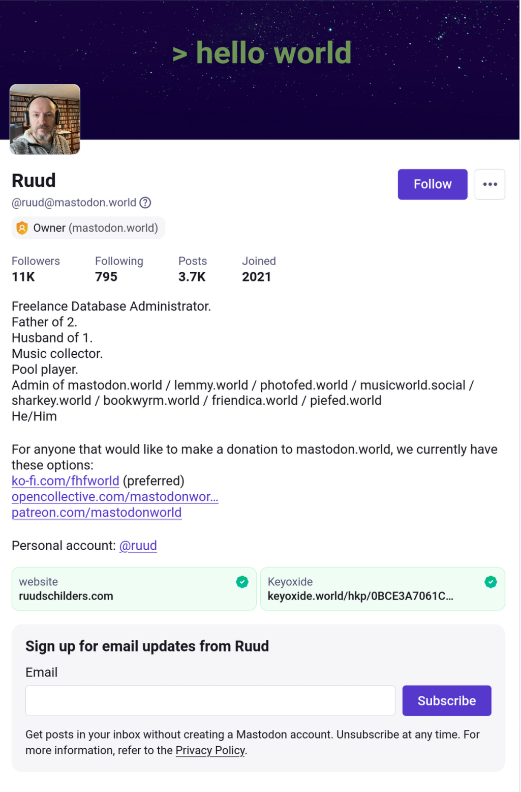 A screenshot of a Mastodon profile, with the Sign Up For Email Updates option in the bottom