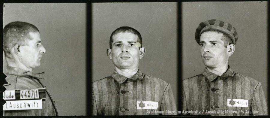 A mugshot registration photograph from Auschwitz. A man with a shaved head wearing a striped uniform photographed in three positions (profile and front with bare head and a photo with a slightly turned head with a hat on). The prisoner number is visible on a marking board on the left.