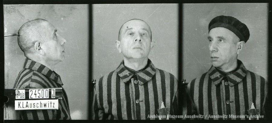 A mugshot registration photograph from Auschwitz. A man with a shaved head wearing a striped uniform photographed in three positions (profile and front with bare head and a photo with a slightly turned head with a hat on). The prisoner number is visible on a marking board on the left.