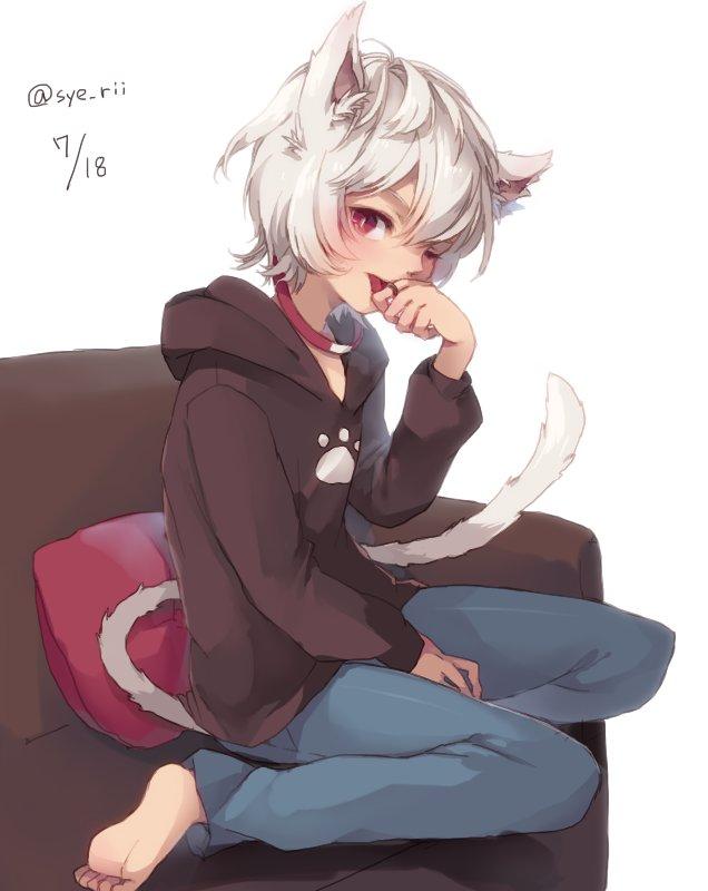 A white-haired catboy Kuga from World Trigger is sitting on the couch, licking his paw, and looking at you with interest. He wears a red collar, brown hoodie, and blue jeans. His feet are bare.