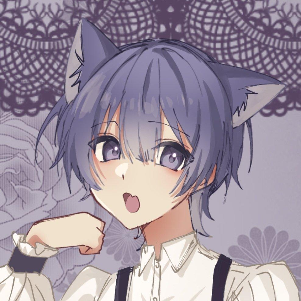 A blue-haired catboy is looking at you with a gentle expression and meows. His beautiful ears are perked up.