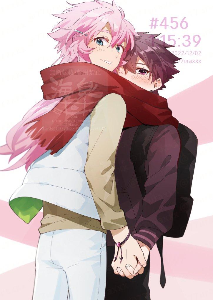 A pink-haired boy and a brownish-haired boy are sharing a scarf while holding hands.