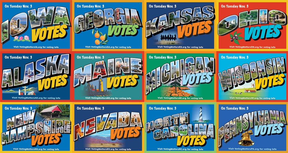 Collage of postcards to voters in 12 states including Iowa, Georgia, Kansas, Ohio, Alaska, Maine, Michigan, Wisconsin, New Hampshire, Nevada, North Carolina & Pennsylvania (not shown: Arizona).