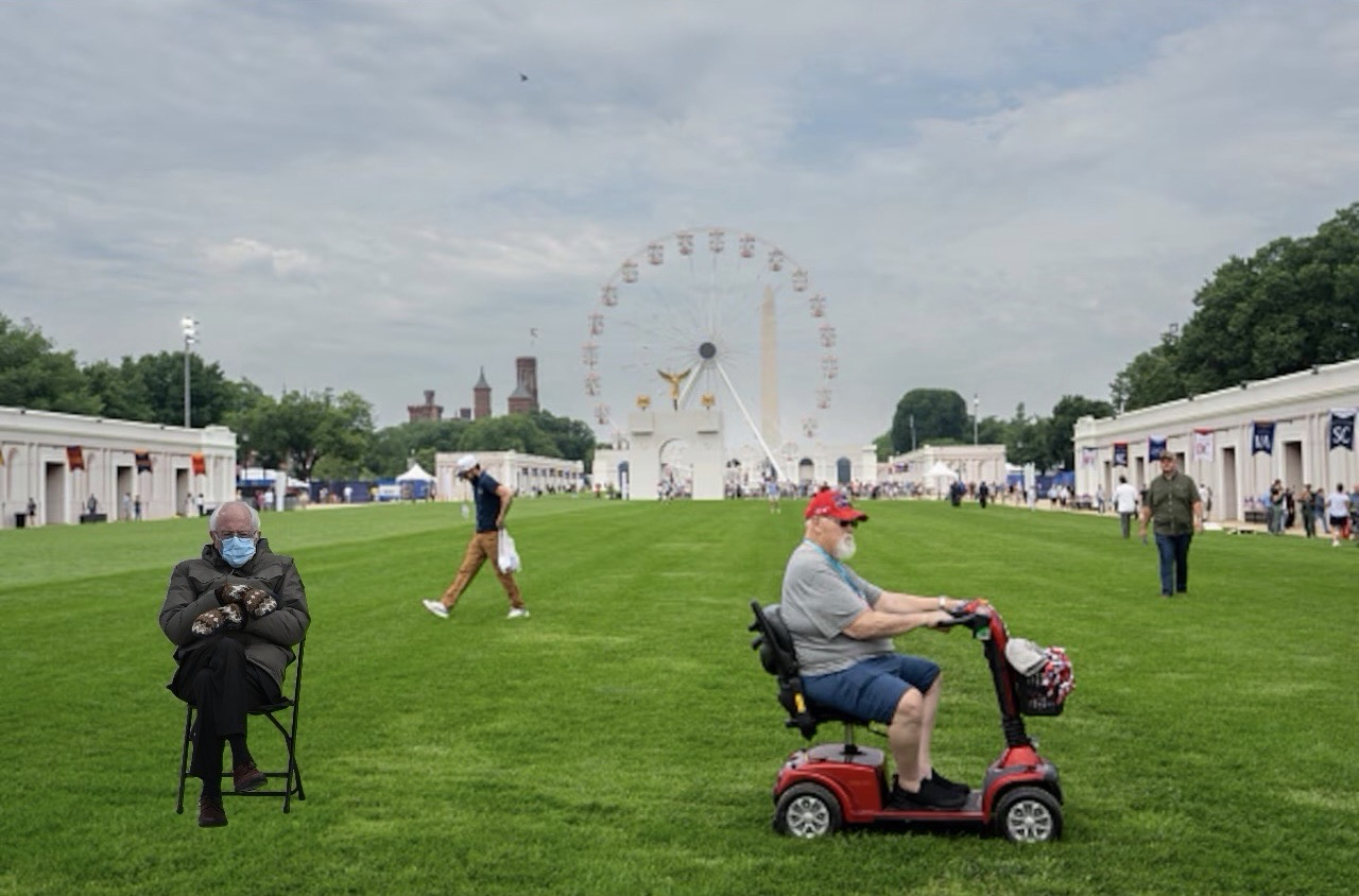 The empty and desolate Great State Fair on the 4th of July, featuring Bernie Sanders with his mask and trademark striped mittens.