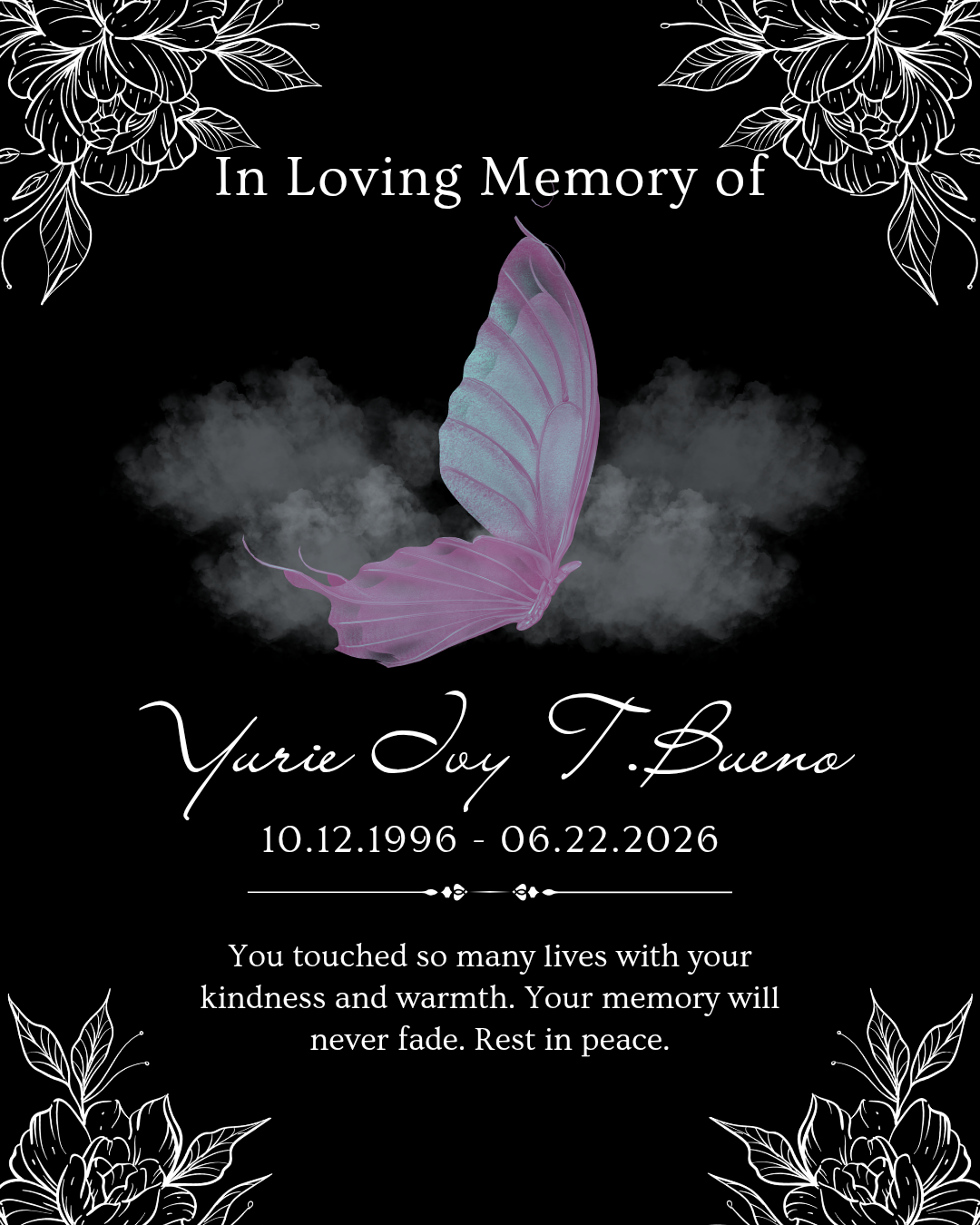 This image is a memorial graphic dedicated to Yurie Joy T. Bueno, featuring a stylized purple butterfly on a black background.The text indicates the subject was born on October 12, 1995, and passed away on June 22, 2026.The design includes white floral illustrations in the corners and a concluding message thanking them for their kindness.