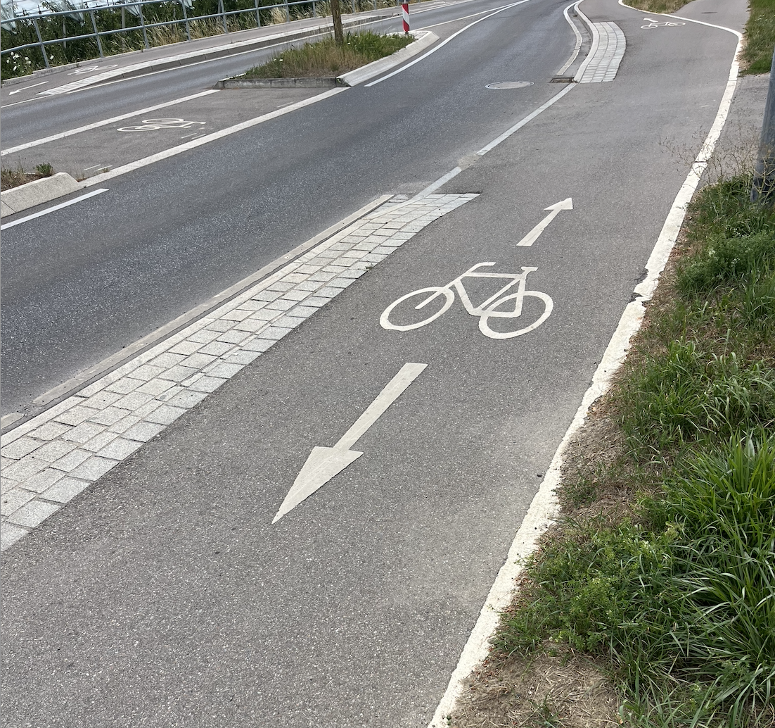 Das Foto zeigt einen "Radweg" in Ailingen, auf dem mit weißer Fahrbahnmarkierung ein Fahrrad aufgemalt ist. Die subtile Satire besteht darin, dass -obwohl sich der Fahrstreifen durch Betonpfalster auf ein Meter verengt- witzig augenzwinkernd Fahrpfeile in beide Richtungen gemalt sind, um darauf hinzuweisen, dass man auf Radfahrer und  auf deren Bedürfnis nicht zu sterben einfach mal einen dicken Haufen setzt. Der Landkreis muss schließlich n Flughafen subventionieren.