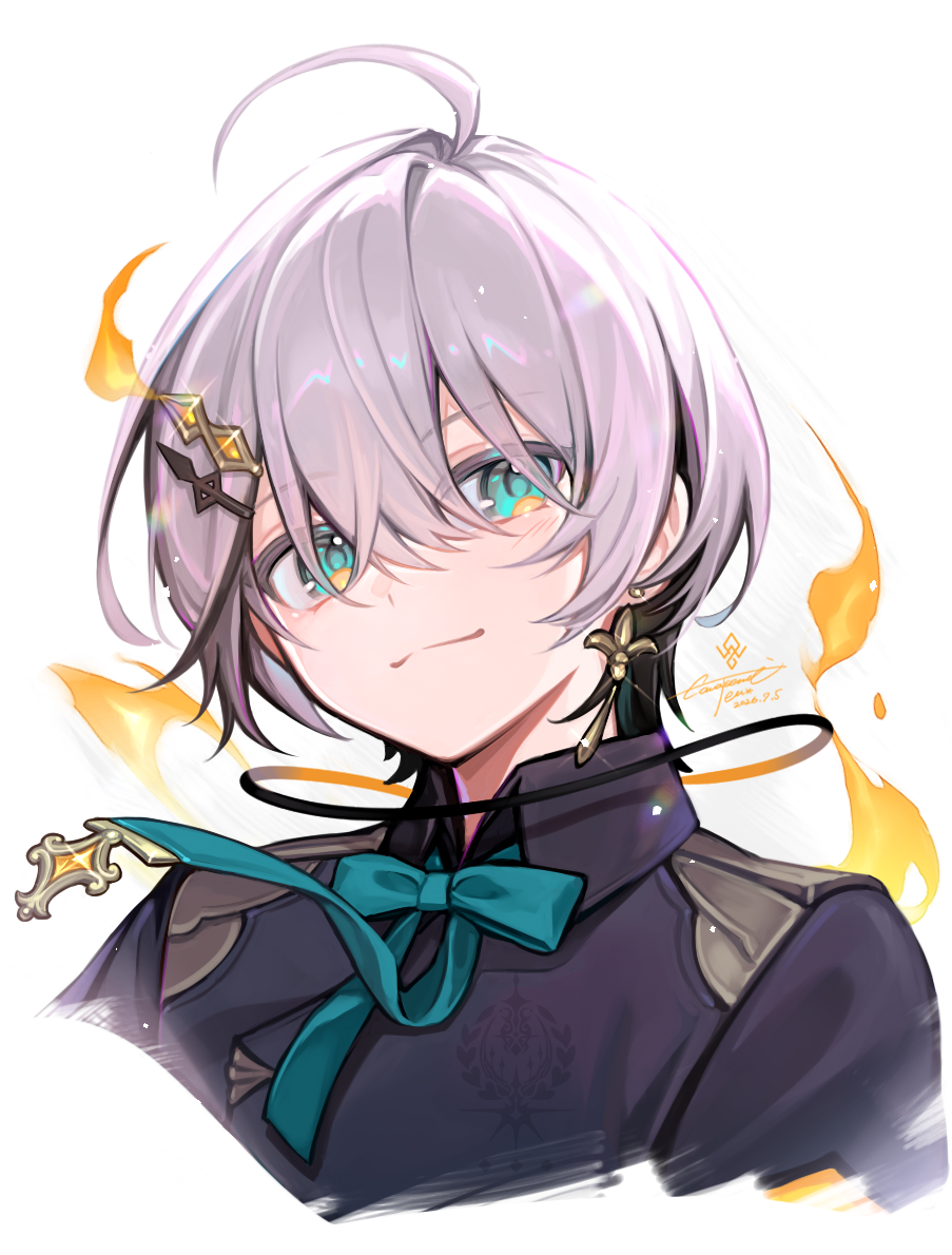 A beautiful anime boy is looking at you with a gentle expression. He wears some fantasy style clothes. His hair is white-ish and his eyes are green.