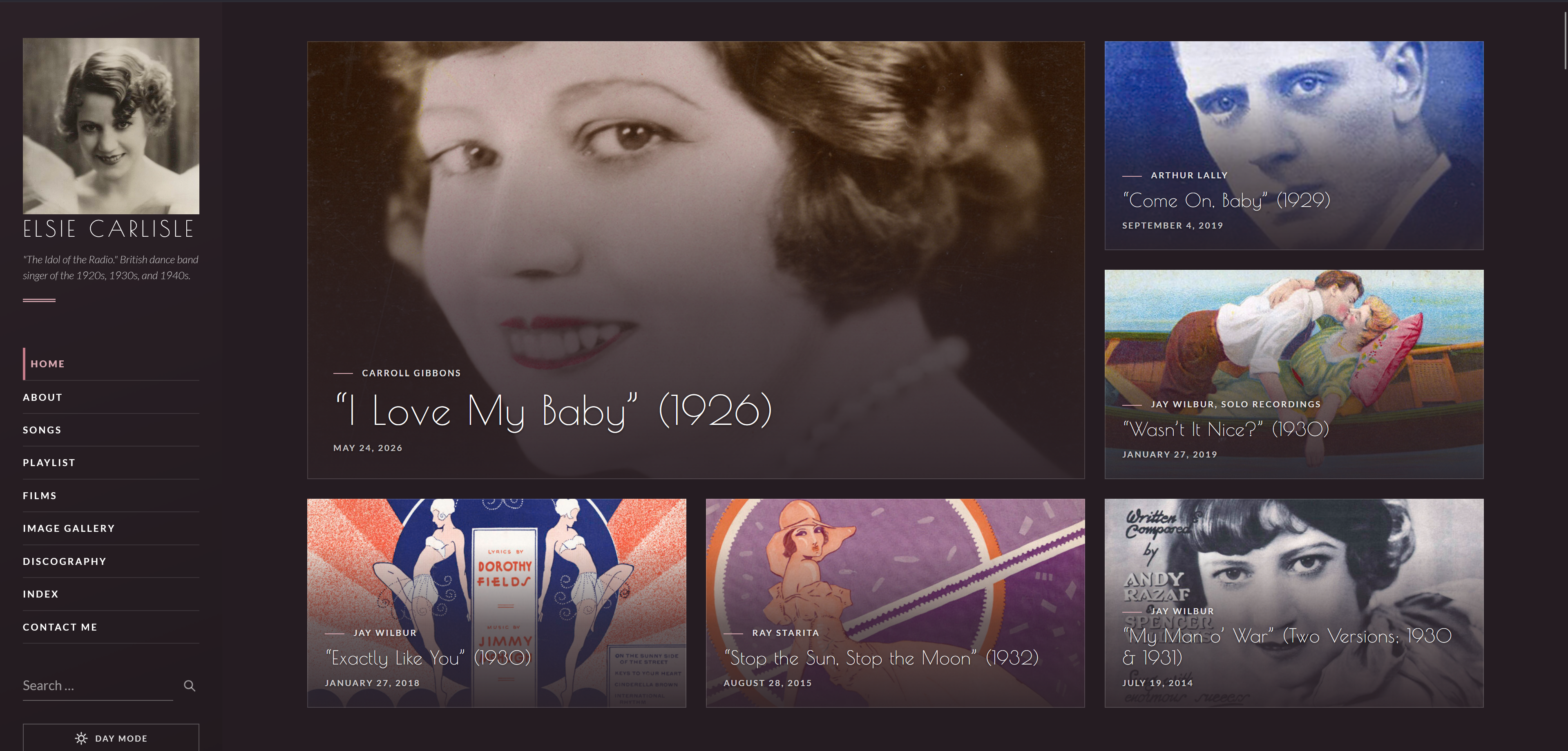 The redesigned home page of elsiecarlisle.com, a website about Elsie Carlisle, the renowned British interwar singer. Photos of the elegant actress, along with pictures representing specific songs she sang.