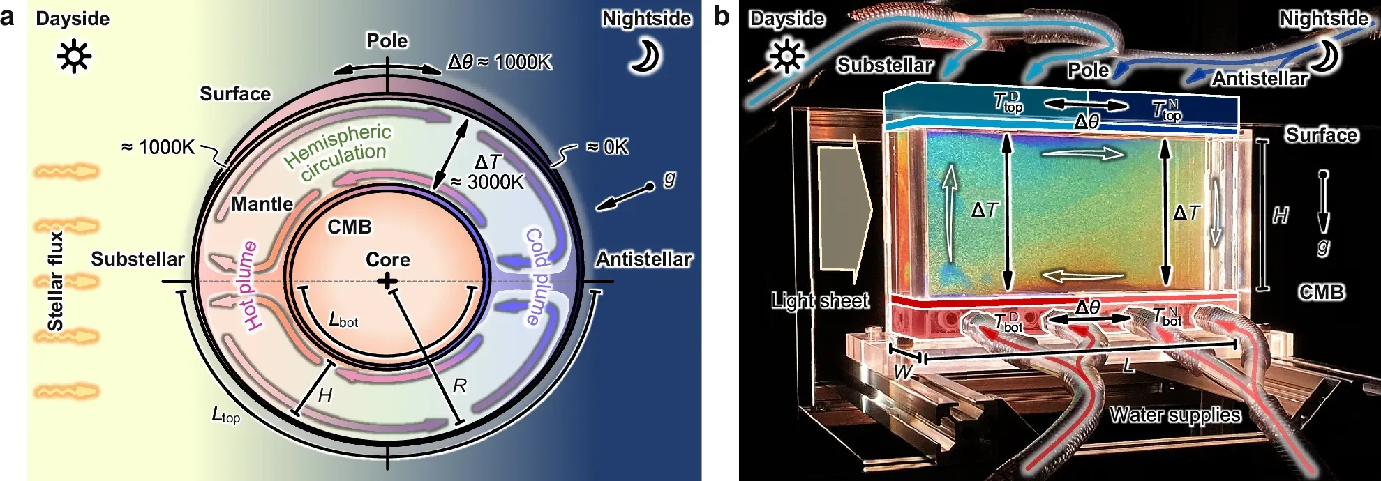 a Schematic of convective flows in a mantle layer of a tidally locked super-Earth exoplanet. Dayside faces its star permanently, leading to the surface temperature of  ≈ 1000 K, whereas that of the nightside is absolute zero. b Laboratory realization of the tidally-locked hemispheric mantle to investigate its convective dynamics through optical visualization. The light sheet illuminates the TLC particles, exhibiting reddish for low and bluish for high temperatures, seeded in the glycerol solution. Four surface temperatures are controlled separately by supplying refrigerants from four independent thermostatic baths, achieving the stable imposition of horizontal and vertical temperature differences, Δθ and ΔT.