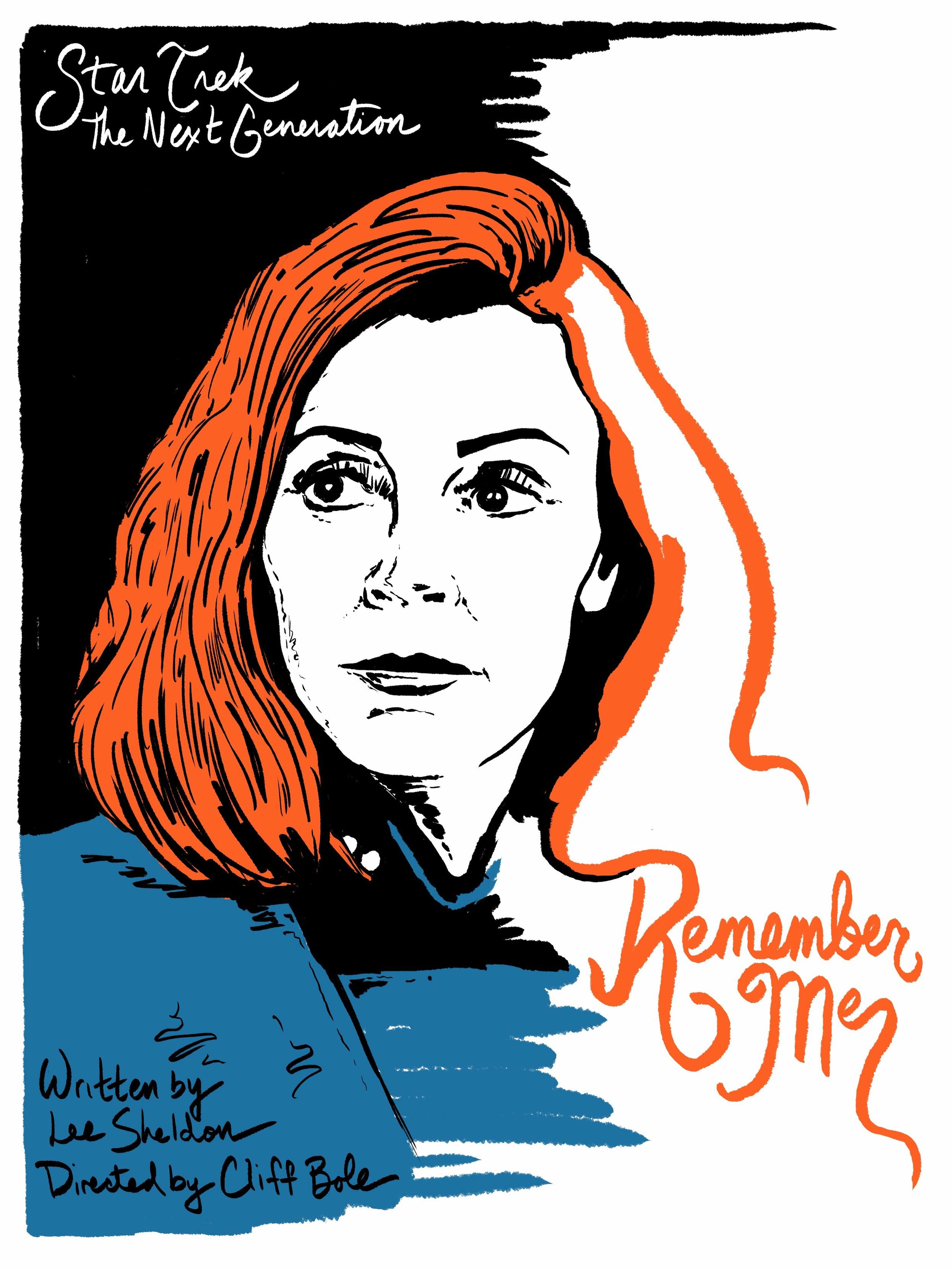Artist: J.J. Lendl at STUDIO JJ
- https://www.instagram.com/jjlendl/
- https://greatestgen.fandom.com/wiki/TNG_405

A graphic art hand drawn poster for the Star Trek: The Next Generation episode "Remember Me", featuring the face of Dr Crusher, with the right side of her orange hair vanishing. A thick locke of hair seems to fall to her shoulder and spell out the episode title.