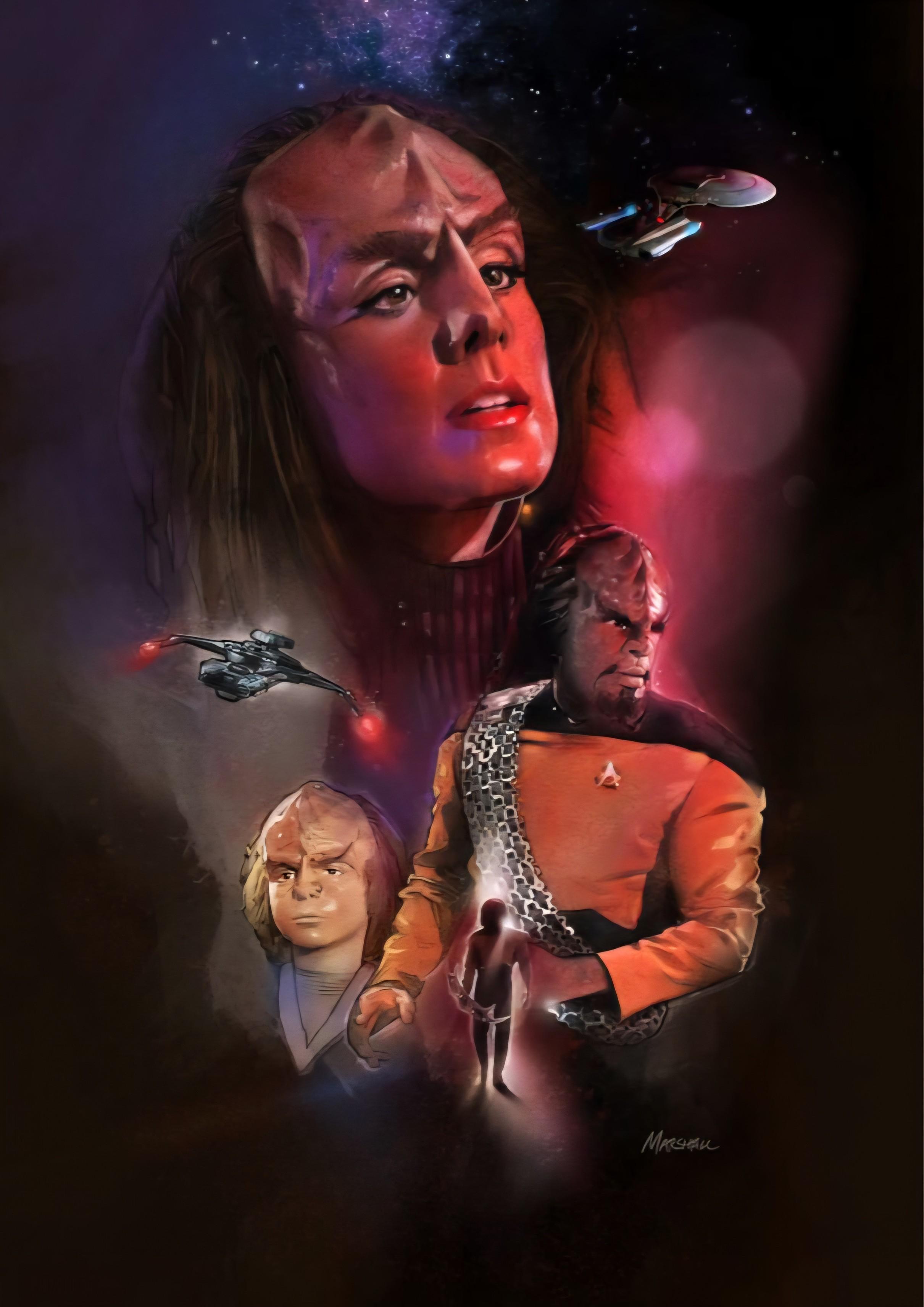 Artist: Jeff Marshall Studios

Portfolios:
- https://www.jeffmarshallstudio.me/
- https://www.behance.net/jeffmarshall

The only source I found was Pinterest. 🤷‍♂️
- https://www.pinterest.com/pin/545639311119320104/

A poster of Worf, his son Alexander, and behind them is the large face of Alexander's mother and Worf's ex girlfriend, K'Ehleyr.