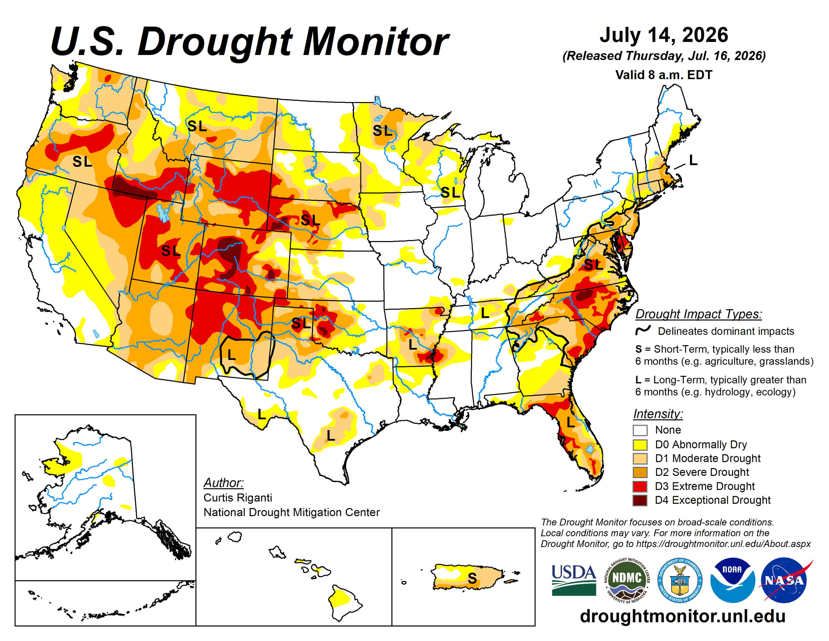 US Drought Monitor showing conditions for July 16, 2026. For more information and drought statistics, visit droughtmonitor.unl.edu.