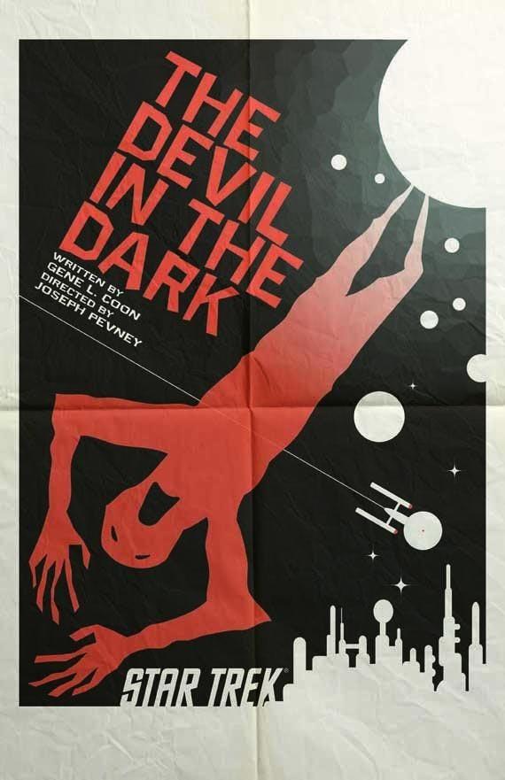 Artist: Juan Ortiz

Source: https://www.startrek.com/news/first-look-new-star-trek-art-prints-released

A poster for Star Trek episode The Devil in the Dark, featuring a creepy silhouette in red screaming upside down against a black background. The Enterprise can be seen in the background flying towards a city.